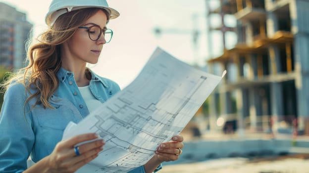 A woman is examining a blueprint outside an Azure tower block under construction. She seems to be planning a fun event at the condominium with a leisurely vibe and stylish facade AIG50