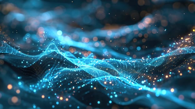 The blue hologram abstract picture in form of the brightly glittering blue wave that seems like liquid yet looks solid at the same time and also bright with the source of the light of itself. AIGX01.
