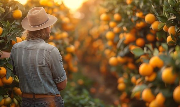 Man in straw hat strolling in orange grove. Selective focus.