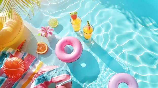 An aqua swimming pool with colorful floats and drinks, surrounded by greenery and azure skies. A relaxing leisure event with vibrant textile patterns and petal art AIG50