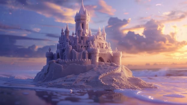 A magnificent sand castle stands tall on the beach, surrounded by the breathtaking natural landscape of the sunset sky, water, and plant life AIG50