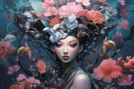 Surreal beautiful female portrait surrounded by a floral fantasy. Digital art of portrait of female face surrounded with blooming flower and painted by pastel color. Beauty and fashion concept. AIG35.