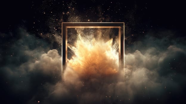 Digital artwork of enigmatic framed with smoke and glowing light on black background. Surreal wallpaper of elegant golden square picture frame with smoke. Mystery and abstract concept art. AIG35.