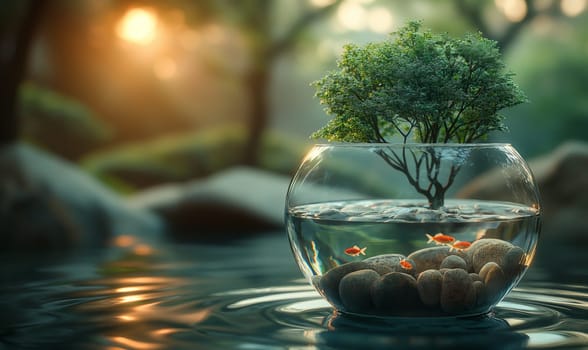 Aquarium with fish and trees inside. Selective focus.