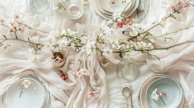 A beautifully arranged table featuring plates, silverware, and a stunning centerpiece of flowers including roses. The peachcolored petals add a touch of elegance to the creative arts display AIG50