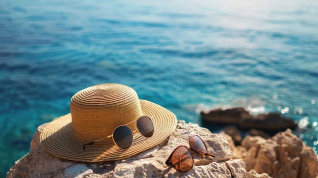 A straw hat and sunglasses rest on a rock by the ocean, offering a scenic view of the water, sky, and horizon. A perfect spot for leisure and travel AIG50