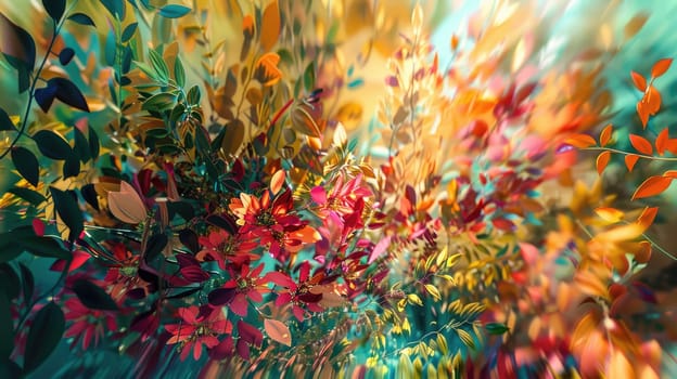 A vibrant abstract painting with a rainbow of colors, including purple, magenta, and electric blue. The artwork depicts a natural landscape with grass and plants, creating a mesmerizing pattern AIG50