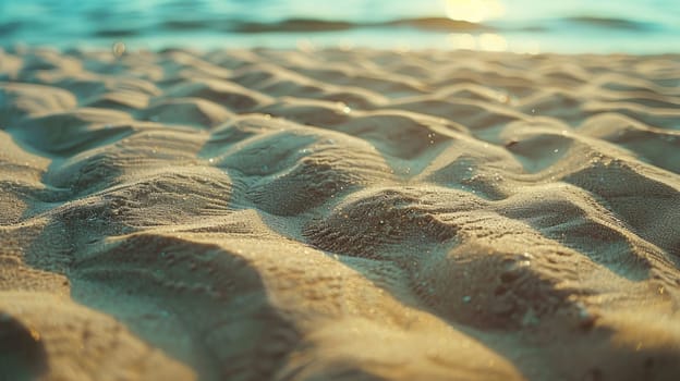 A close up of a sandy beach with waves crashing onto the shore, showcasing the beauty of natures water and wind waves in a natural landscape AIG50