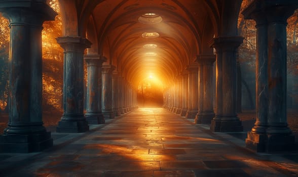 Autumn Sunrise in Arched Corridor. Selective focus.
