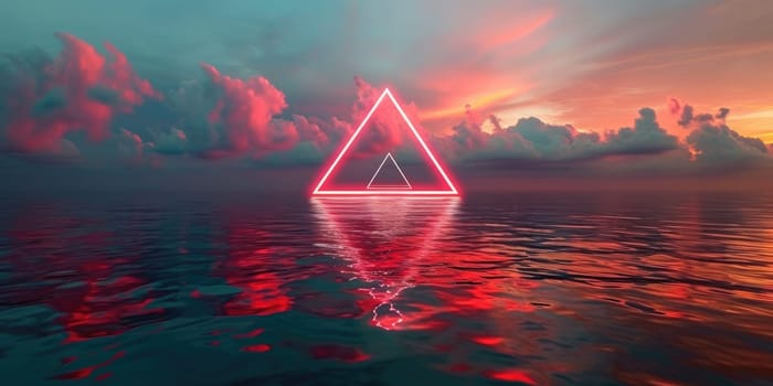 The great reddish floating triangle beyond the ocean that surrounded with a lot amount of the tall cloud at the dawn or dusk time of the day that shine light to the every part of the picture. AIGX03.