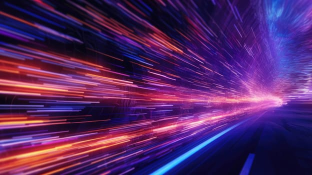 Vivid abstract particles traveling at high speed creating a sense of fast motion and color diversity. Abstract digital art of colorful vibrant neon line with futuristic glowing speed line art. AIG35.
