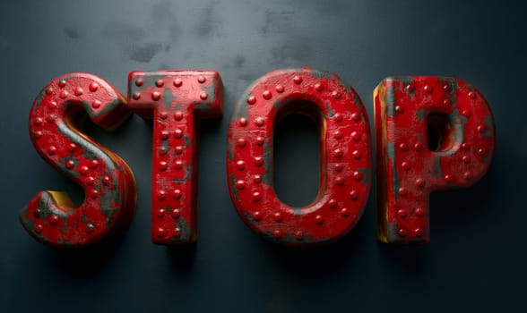 Sign with the inscription "Stop" on a dark background. Selective focus.