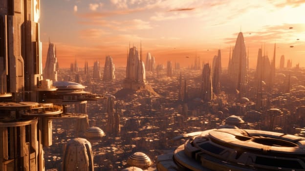 Futuristic alien city with a mother ship hovering over skyscrapers. Extraterrestrial civilization and interstellar travel concept. Design for sci-fi backgrounds, and imaginative storytelling. AIG35.