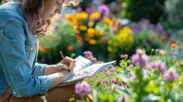 A woman is relaxing in a natural landscape garden surrounded by plants and grass, leisurely writing in a notebook while enjoying the peaceful landscape AIG50
