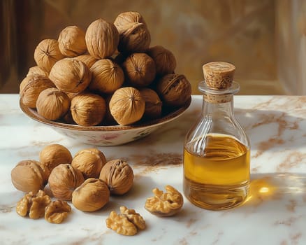 Walnut Oil and Whole Walnuts on Table. Selective focus.