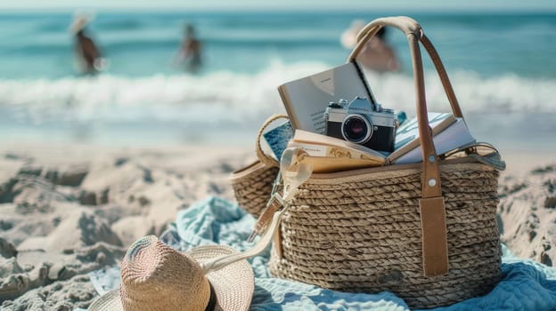A waterresistant wicker basket packed with a hat, camera, and books rests on the sandy beach, blending wood, fashion accessories, and art into the coastal landscape AIG50