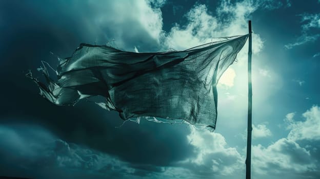 A vibrant red flag flutters under a cumulus cloud in the electric blue sky amidst the vast expanse of liquid water, signaling a warning to travelers of potential danger ahead AIG50