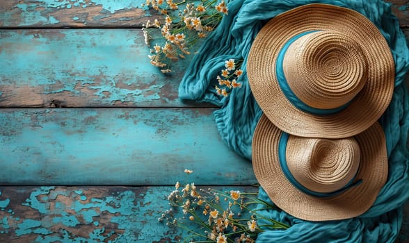 Straw Hats on Blue Wooden Background. Selective focus.