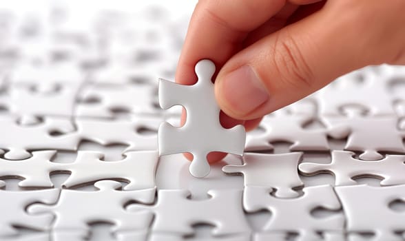 Close-up of a hand placing a puzzle piece. Selective focus.