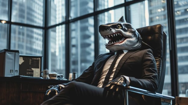 The picture of the shark head businessman that sitting on the chair that make him looks like he has the great power to has the full control of everything in the business inside the building. AIGX03.
