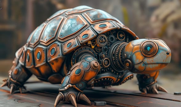 Mechanical turtle on an abstract background. Selective focus.