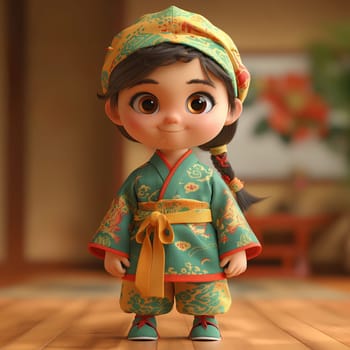 Cartoon, 3D girl in national traditional Asian attire. Selective focus