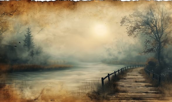 Misty Lakeside Path at Dawn. Selective focus.