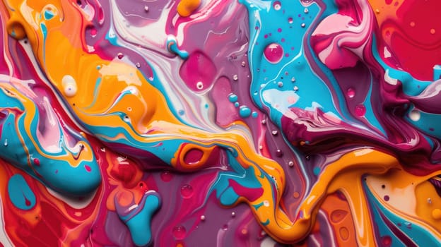 A detailed closeup of a vibrant red, white, and blue paint swirl showcasing a mesmerizing pattern resembling a geological phenomenon with hints of magenta and electric blue mixed in the liquid paint AIG50