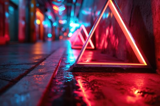 The great orangish triangle that standing on the ground floor yet still feel so small when compare to wall that standing near the orangish triangle and orange light of the dark thick triangle. AIGX03.