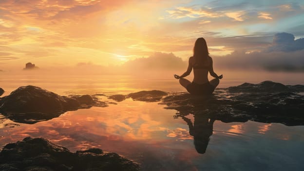 The picture of the young or adult female human doing the yoga pose for relaxation or meditating the mind in the middle of the nature under the bright sun in the daytime of a dawn or dusk day. AIGX03.
