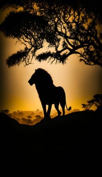 Vector illustration of a lion in black silhouette against a clean sunset background, capturing graceful forms.