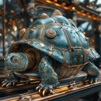 Mechanical turtle on an abstract background. Selective focus.