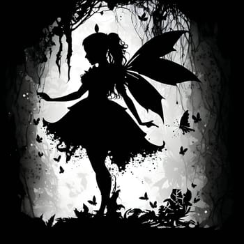 Vector illustration of a fairy in black silhouette against a clean white background, capturing graceful forms.