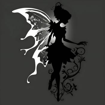 Vector illustration of a fairy in black silhouette against a clean grey background, capturing graceful forms.