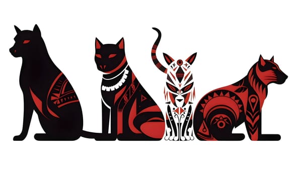 Vector illustration of a four cats in black silhouette against a clean white background, capturing graceful forms.