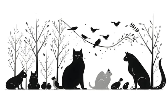 Vector illustration of many cats and birds in black silhouette against a clean white background, capturing graceful forms.