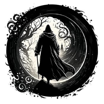 Vector illustration of a man in the hood in black silhouette against a clean white background, capturing graceful forms.