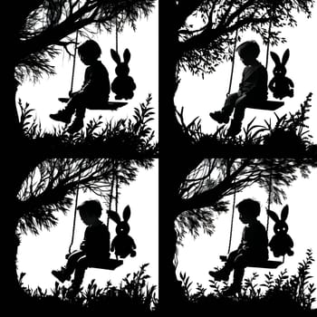 Vector illustration of a boy and a bunny on a swing in black silhouette against a clean white background, capturing graceful forms.