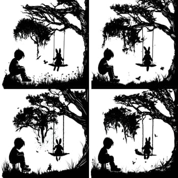 Vector illustration of a boy and a bunny on a swing in black silhouette against a clean white background, capturing graceful forms.