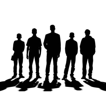 Vector illustration of five people in black silhouette against a clean white background, capturing graceful forms.