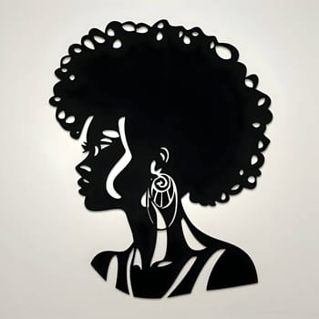 Vector illustration of a woman with afro-textured hair in black silhouette against a clean white background, capturing graceful forms.