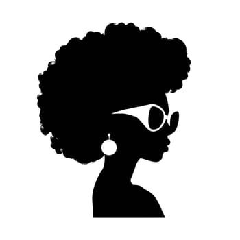 Vector illustration of a woman with afro-textured hair in black silhouette against a clean white background, capturing graceful forms.