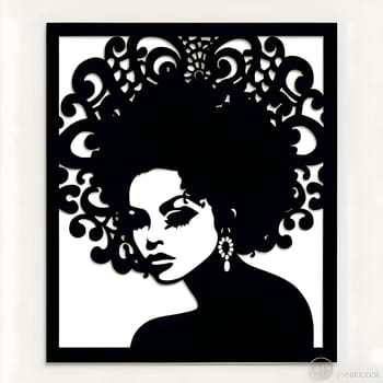 Vector illustration of a woman with afro-textured hair in black silhouette against a clean white background, capturing graceful forms.