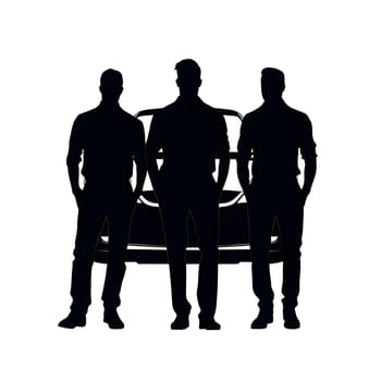 Vector illustration of a three men in the background of a car in black silhouette against a clean white background, capturing graceful forms.