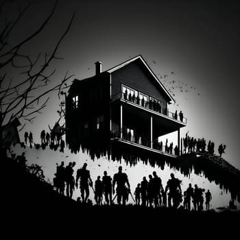 Vector illustration of a warriors in front of the house in black silhouette against a clean white background, capturing graceful forms.