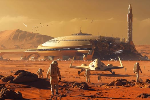 Futuristic Martian spaceport with advanced spacecraft and rocky terrain. Resplendent.