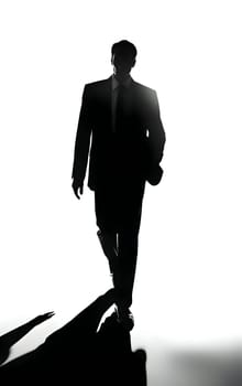Vector illustration of a walking man in suit in black silhouette against a clean white background, capturing graceful forms.