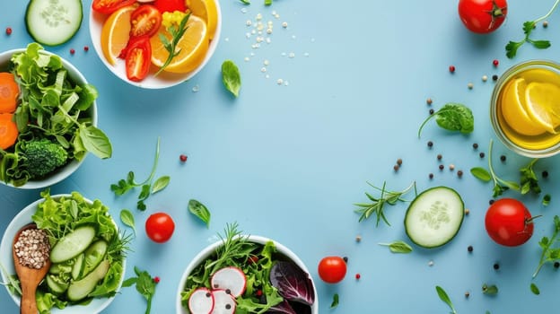 A variety of vegetables, including leafy greens and root vegetables, are artfully arranged in a circle on a table, showcasing the beauty of natural foods AIG50
