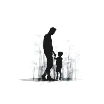 Vector illustration of father and son in black silhouette against a clean white background, capturing graceful forms.