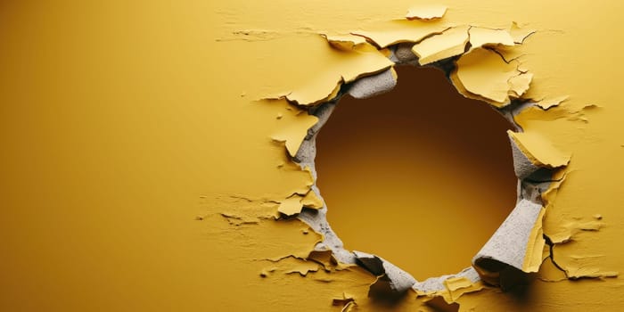 Close up view picture of the hollow yellow hole on the the wall that show the breaking part of the wall that has been made from strong material yet still can break to look through other side. AIGX03.
